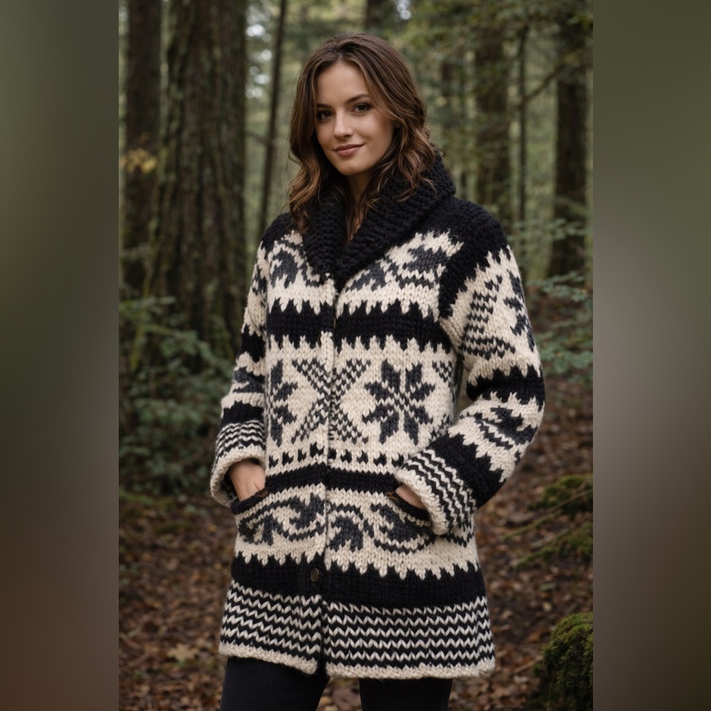 Black and Cream Patterned Shawl-Collar Sweater Coat